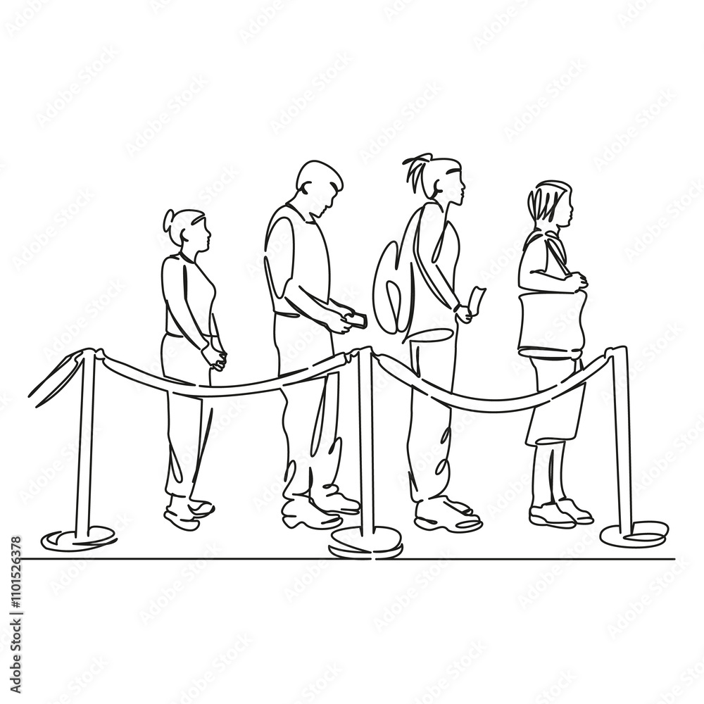 One continuous single drawing line art flat doodle queue behind the barrier tape, queue at the airport, people at the bank. Isolated image hand draw contour on a white background, hand drawn, not AI One continuous single drawing line art flat doodle queue behind the barrier tape, queue at the airport, people at the bank. Isolated image hand draw contour on a white background, hand drawn, not AI