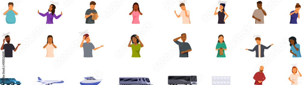 Motion sickness icons set. People experiencing motion sickness symptoms during travel by car, airplane, boat, train, bus and taking medicine Motion sickness icons set. People experiencing motion sickness symptoms during travel by car, airplane, boat, train, bus and taking medicine