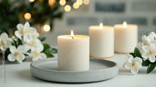 Serene Candle Arrangement with Floral Accents and Soft Warm Lighting in Cozy Setting