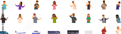 Motion sickness icons set. People experiencing motion sickness symptoms during travel by car, airplane, boat, train, bus and taking medicine