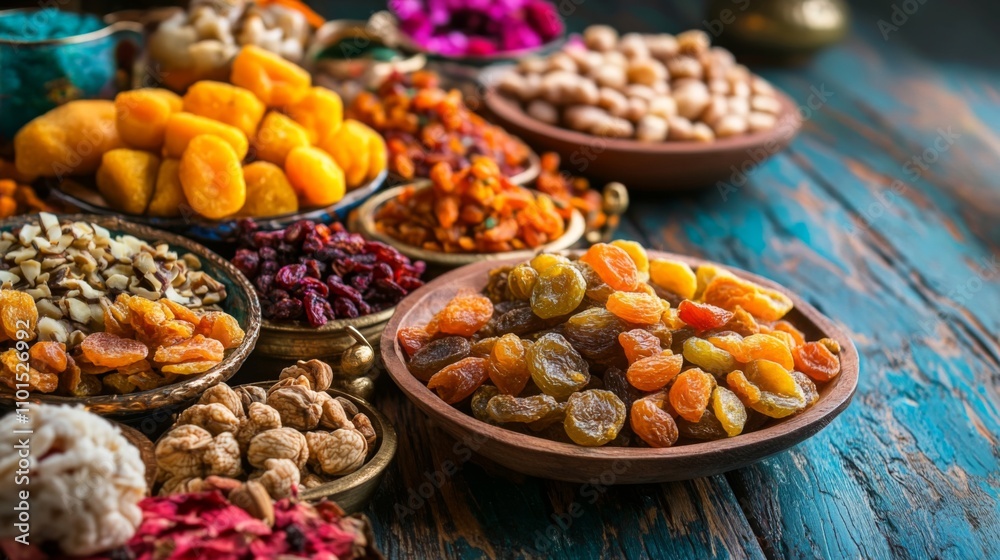 Assortment of Dried Fruits and Nuts in Bowls on Rustic Blue Wooden Surface Assortment of Dried Fruits and Nuts in Bowls on Rustic Blue Wooden Surface