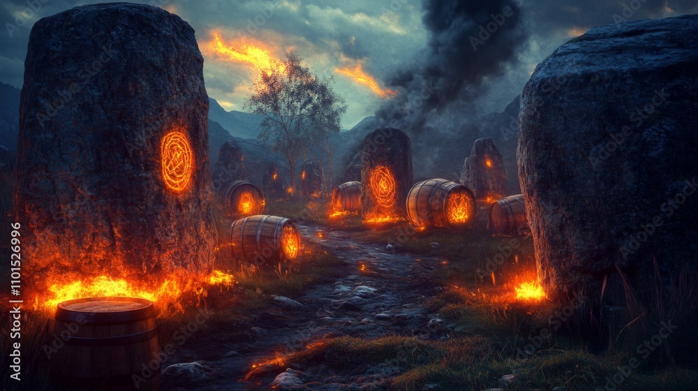 A fiery path through a mystical forest of stone and fire A fiery path through a mystical forest of stone and fire