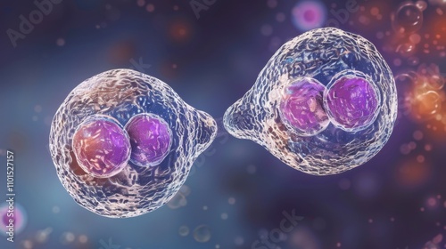Binary Fission: A reproductive process where a single organism splits into two identical daughter cells, typical in bacteria and some unicellular organisms. photo