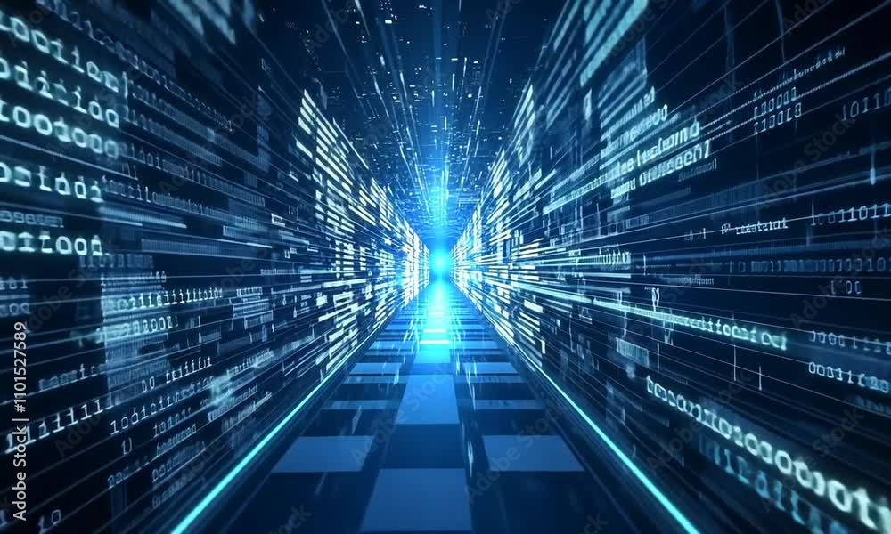 A futuristic digital tunnel with glowing lines and data streams, symbolizing technology and progress.