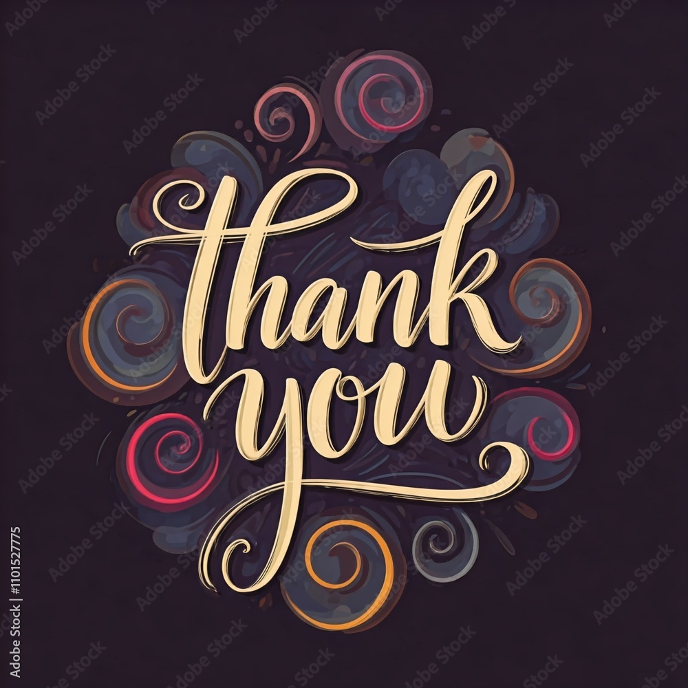 thank you text handwritten with swirl ribbons and colored circles thank you text handwritten with swirl ribbons and colored circles