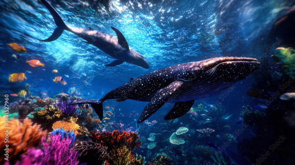 Fototapeta premium Majestic humpback whales swimming in vibrant coral reef