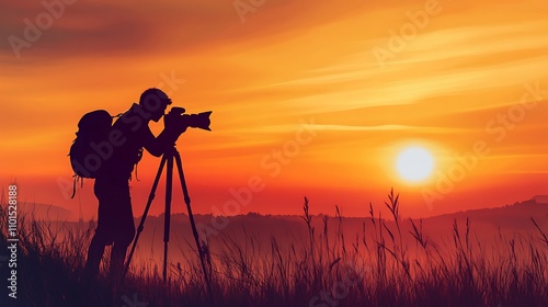 Photographer silhouette capturing city sunset with dynamic bird formations