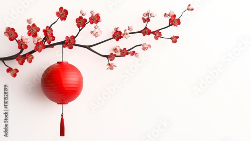 minimal red plum blossoms and minimal round red lantern, the lantern hanging tip of plum branch, white background, 3d flat illustration,