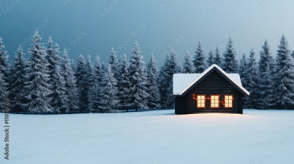 Cozy winter cabin surrounded by snowy trees at twilight with warm glowing windows and serene landscape setting Cozy winter cabin surrounded by snowy trees at twilight with warm glowing windows and serene landscape setting