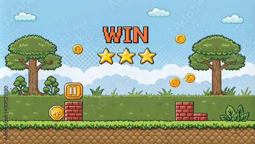 Pixel game art win background. Retro 8 bit video games screen, computer game victory with coins, grass and trees. Pixel level up arcade interface for winner. Vector concept stock illustration