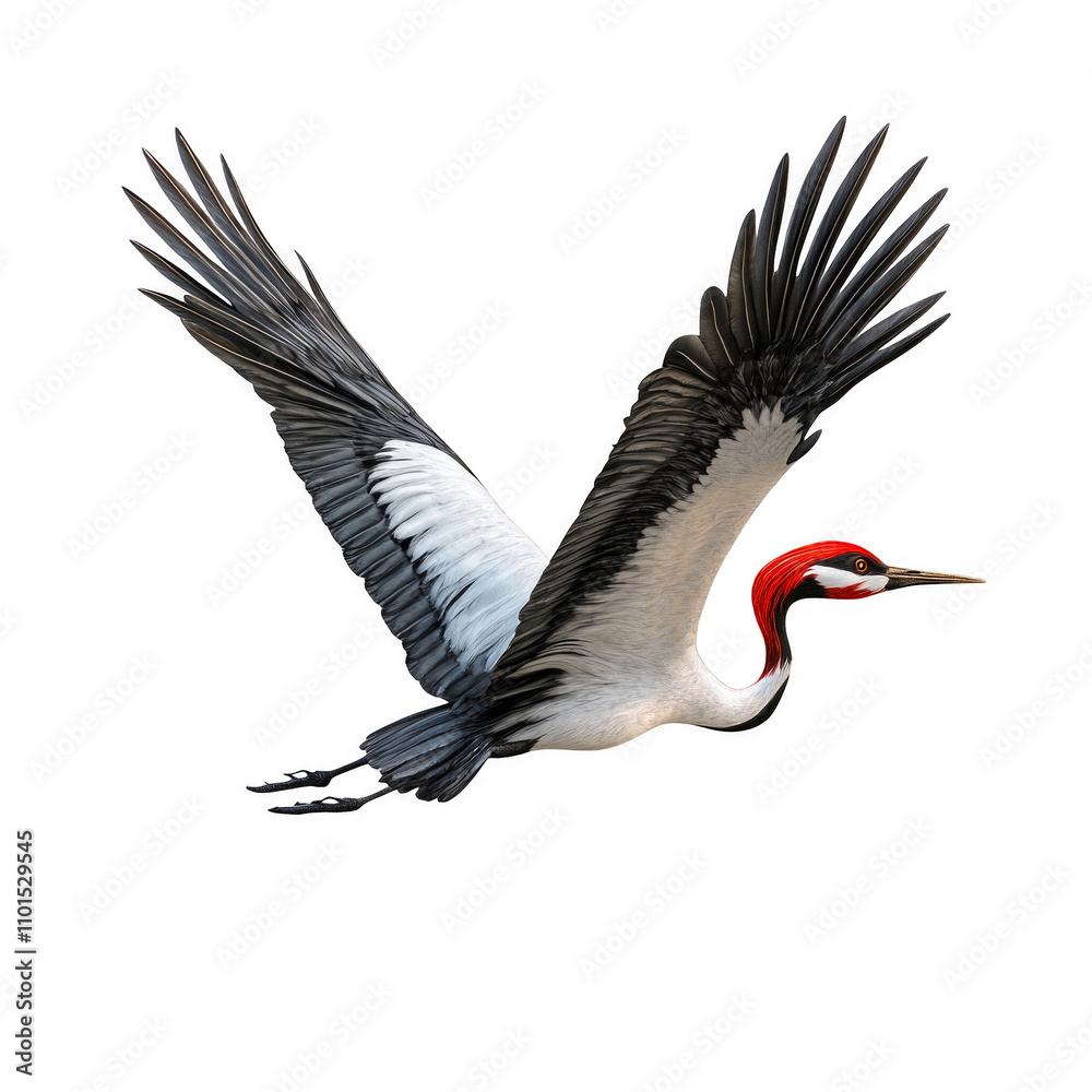 Fototapeta premium A large white and black bird with a red beak flying in the air