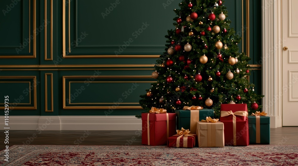 Festive Christmas Tree with Colorful Gift Boxes in Elegant Room Interior Festive Christmas Tree with Colorful Gift Boxes in Elegant Room Interior