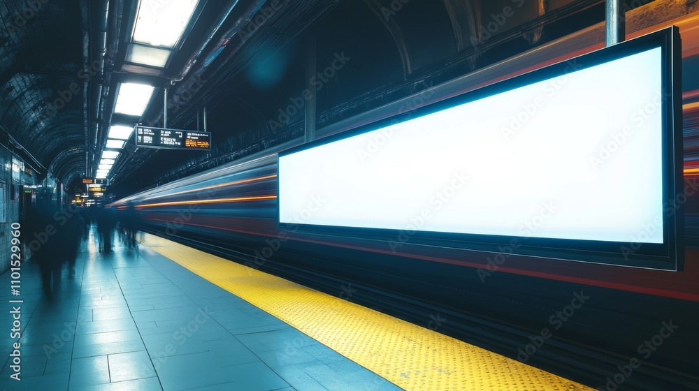 Fototapeta premium Blank Billboard on a Subway Platform with a Blurred Train Passing By