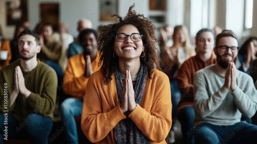 Obraz premium Group of diverse people seated in a room practicing meditation or mindfulness with hands in prayer position and eyes closed, expressing calmness and tranquility.