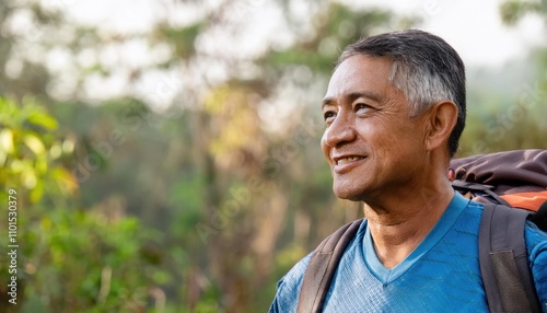 Man on his 50s enjoying outdoors activity, shallow focus, hiking sport, smiling sports man, self-improvement,