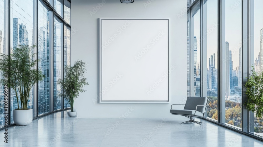 Modern Office Interior with Empty Frame and City View