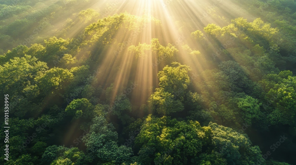 Obraz premium Aerial view of a lush forest illuminated by sunlight beams.