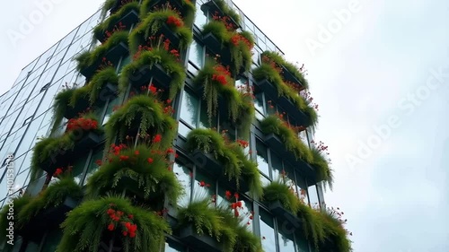 A glass and steel building with vibrant vertical gardens featuring seasonal flowers and greenery photo