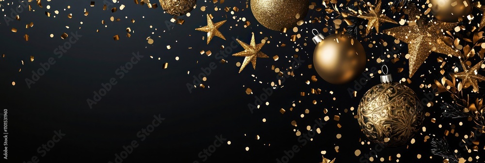 High-end holiday banner with a sleek black background showcasing a cascade of gold confetti, ornate gold stars, and large baubles High-end holiday banner with a sleek black background showcasing a cascade of gold confetti, ornate gold stars, and large baubles