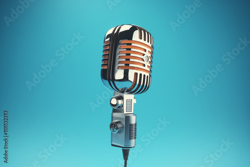  A vintage microphone with a chrome finish, standing 