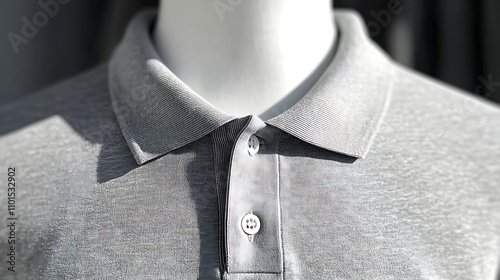 Close-up view of a gray polo shirt with fine fabric texture displayed on a mannequin. photo