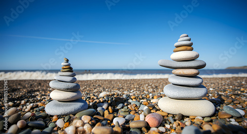 Serene Beach Zen: Balanced Stone Stacks on Pebble Shore Under Blue Sky photo