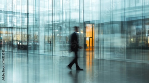 Blurry Figure Walking Through Glass Walls in a Modern Building