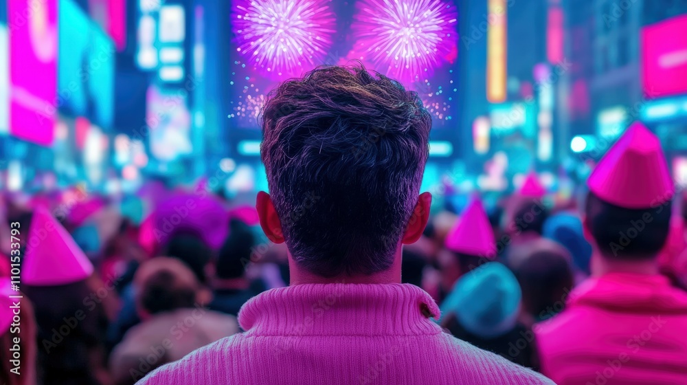 Celebration of New Year in a Vibrant City Square with Colorful Fireworks in the Night Sky Celebration of New Year in a Vibrant City Square with Colorful Fireworks in the Night Sky
