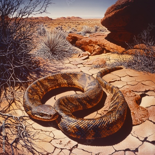 massive desert rattlesnake coiled beneath harsh sun displays intricate scale patterns while resting on cracked earth amid rugged desert landscape photo