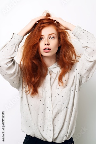 emotional red-haired girl holds her hands near her head on isolated light background