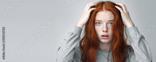 emotional red-haired girl holds her hands near her head on isolated light background