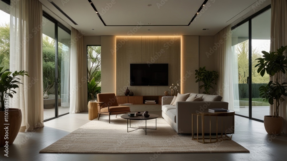 Fototapeta premium Modern living room with large windows, beige sofa, armchair, and wooden wall feature.