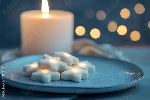 Cozy winter scene with star-shaped tealights and a burning candle on a blue plate, creating a warm and peaceful atmosphere.