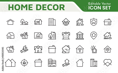 Home Icon Set. A cozy and inviting collection of icons that embody comfort and lifestyle, perfect for enhancing real estate apps, home improvement projects, and websites.