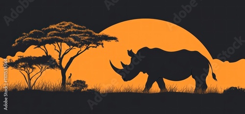 Silhouetted rhino at sunset in African savanna. photo