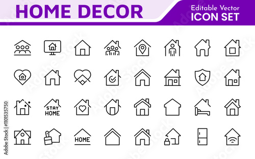 Home Icon Set. A cozy and inviting collection of icons that embody comfort and lifestyle, perfect for enhancing real estate apps, home improvement projects, and websites.