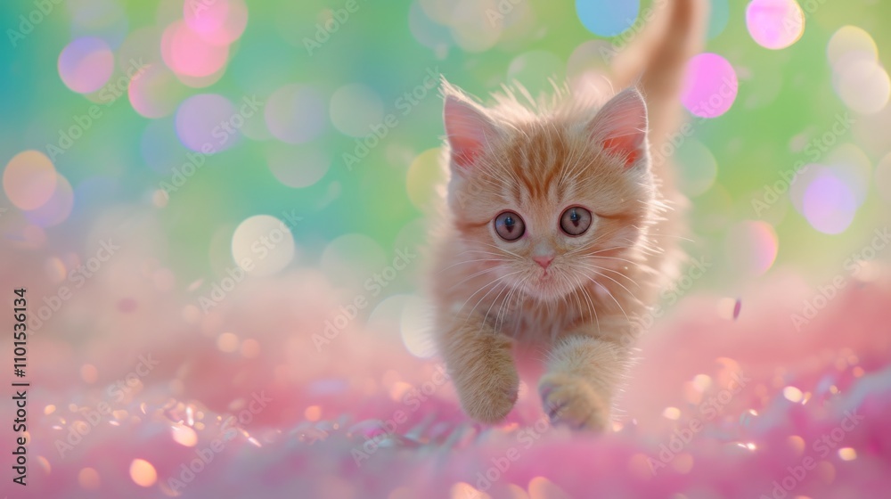 An adorable orange kitten strides confidently through a dreamy landscape of pink and green hues. The soft focus and sparkling bokeh add a whimsical, magical touch, making it perfect for pet or An adorable orange kitten strides confidently through a dreamy landscape of pink and green hues. The soft focus and sparkling bokeh add a whimsical, magical touch, making it perfect for pet or