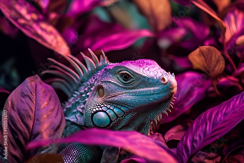 A vibrant green iguana with a blue hue emerges from lush purple leaves, its sharp eye fixated on the viewer, creating a striking image of tropical wildlife. photo