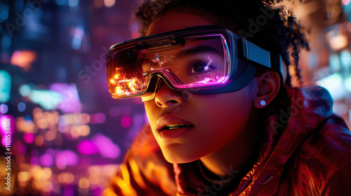 Futuristic virtual reality gamer wearing high tech glasses, immersed in vibrant city