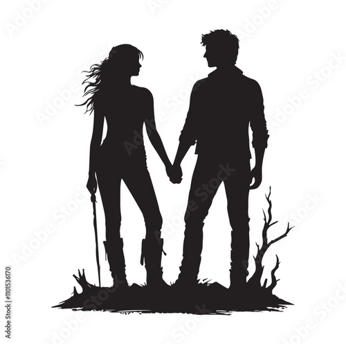 Couple standing silhouette vector illustration