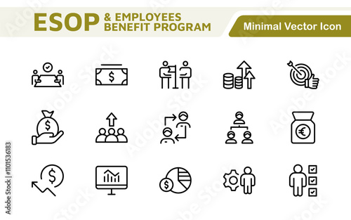 Outline icons about ESOP employee stock ownership plan. Contains such icons as company, win-win, scheme and benefits.