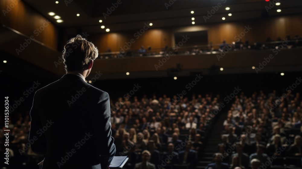 Speaker Addresses a Large Audience in a Dark Auditorium Speaker Addresses a Large Audience in a Dark Auditorium