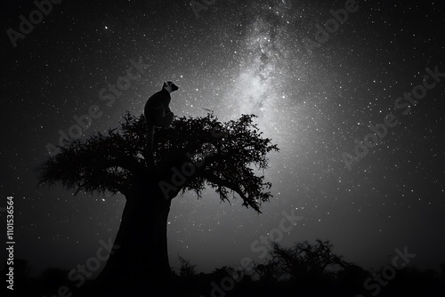 A lemur contemplates the Milky Way from atop a baobab tree in a serene, black and white African nightscape.