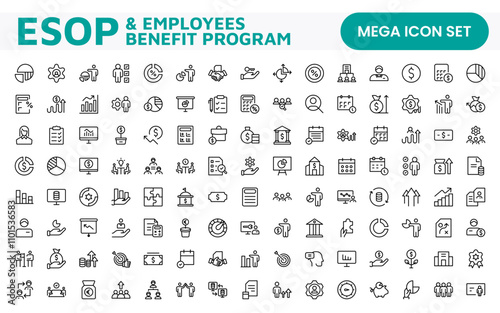 Outline icons about ESOP employee stock ownership plan. Contains such icons as company, win-win, scheme and benefits.