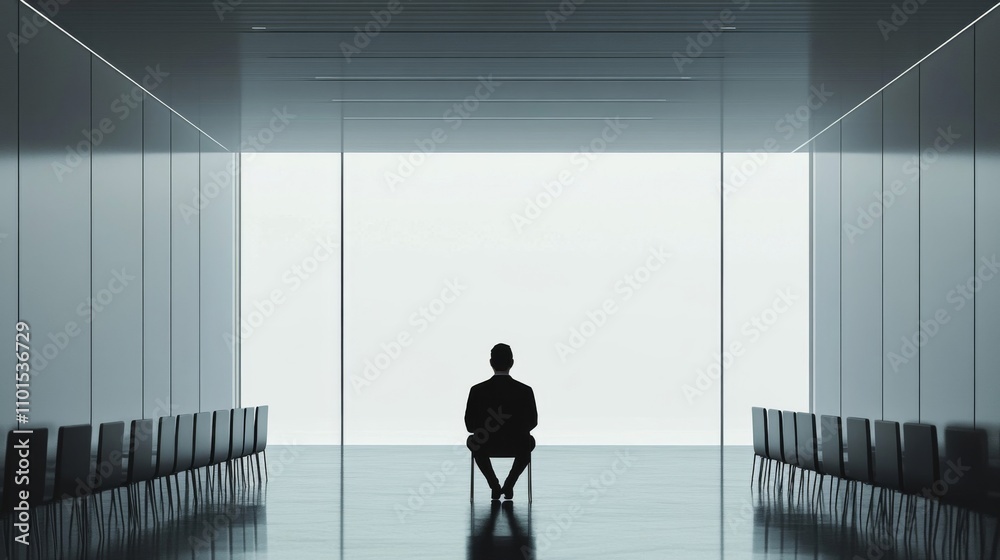 Fototapeta premium Silhouette of a Man Sitting on a Chair in a Minimalist Room