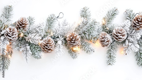 Christmas-themed vertical garland featuring frosted pinecones and twinkling lights, isolated on white