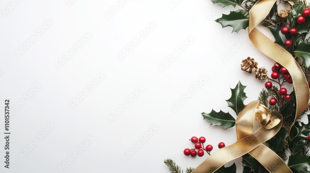 Christmas-themed vertical wreath with golden ribbons and holly leaves, arranged artistically, on white Christmas-themed vertical wreath with golden ribbons and holly leaves, arranged artistically, on white