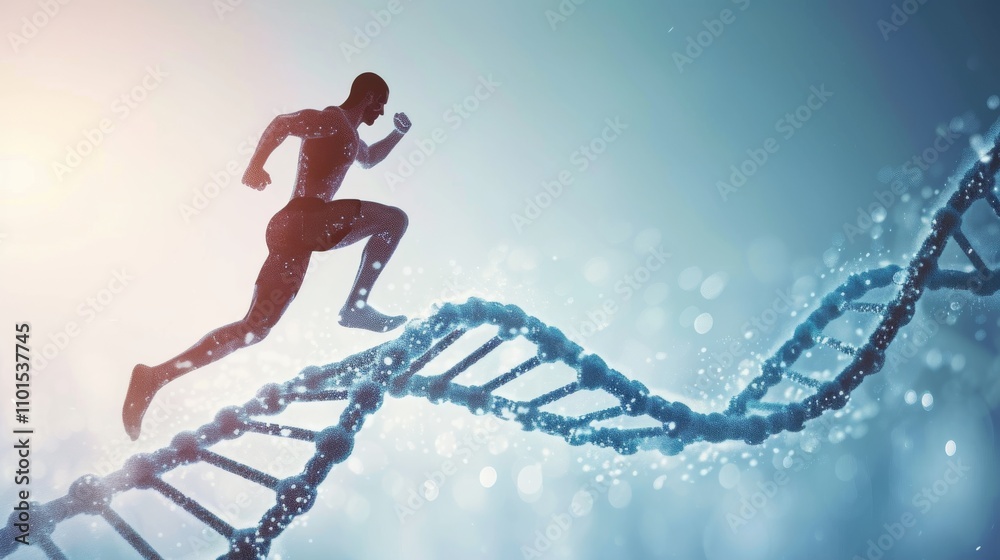 A conceptual image featuring a silhouette of a man running along a DNA strand. The blend of human movement with molecular biology evokes themes of science, health, genetics, and fitness innovation.