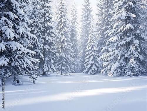 Snow-covered evergreen trees stand tall and still in a peaceful winter forest, tree silhouettes, peaceful, snow covered, evergreen trees photo