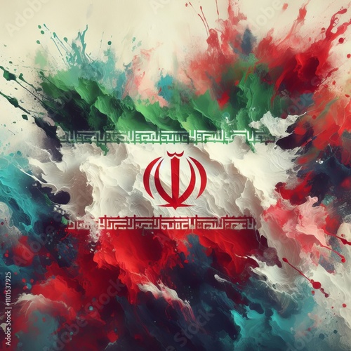 Vibrant artistic abstract representation of the Iran flag with colorful watercolor paint splashes. Iranian flag - the national symbol of Iran